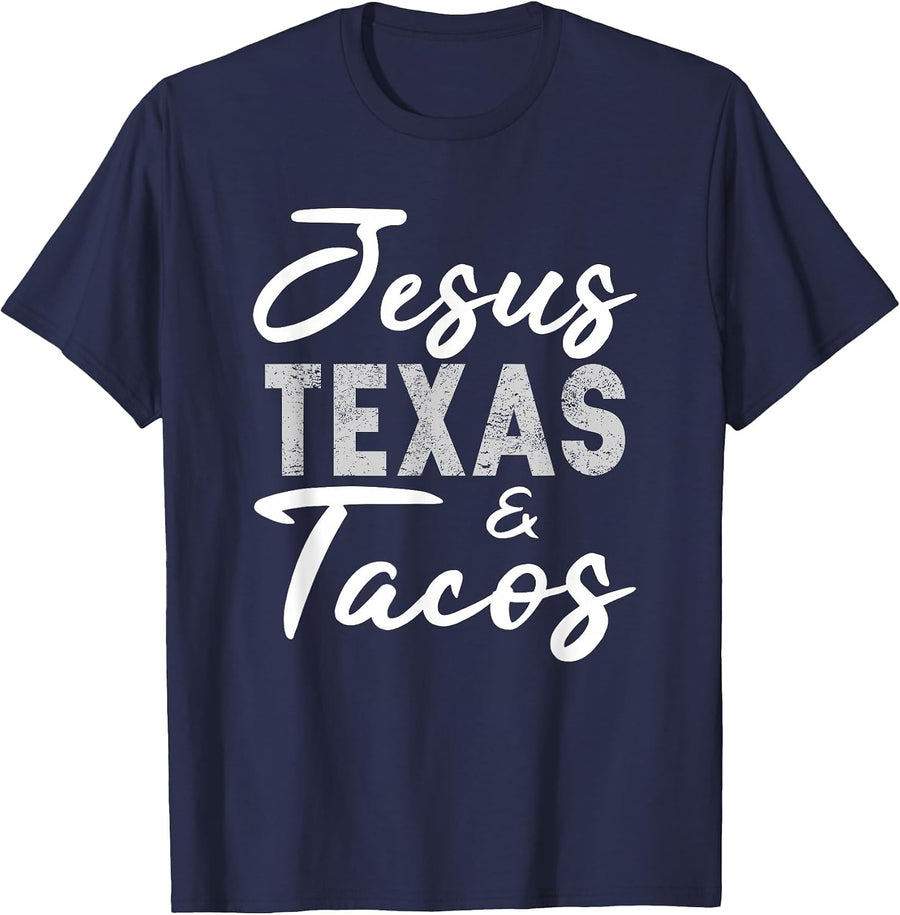 Jesus Texas and Tacos Shirt Funny Food Cinco Mayo Christian T-Shirt - Navy Blue