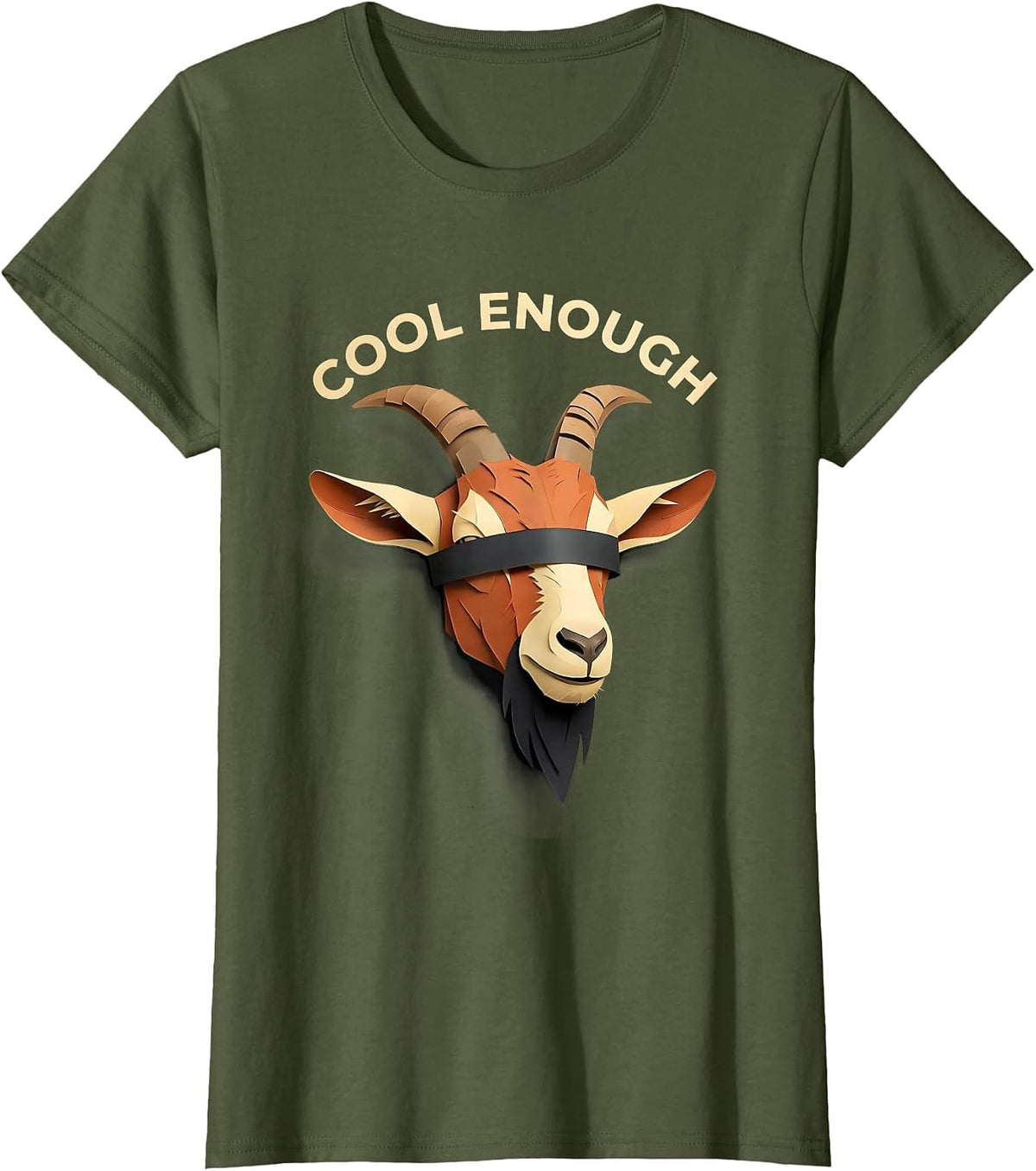 Women's Cool Enough Paper Cutout Goat Head Humor Novelty Animal T-Shirt - Olive Green