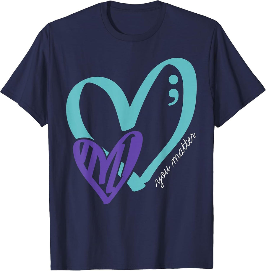 You Matter Suicide Prevention Awareness Teal Purple Heart T-Shirt - Navy Blue