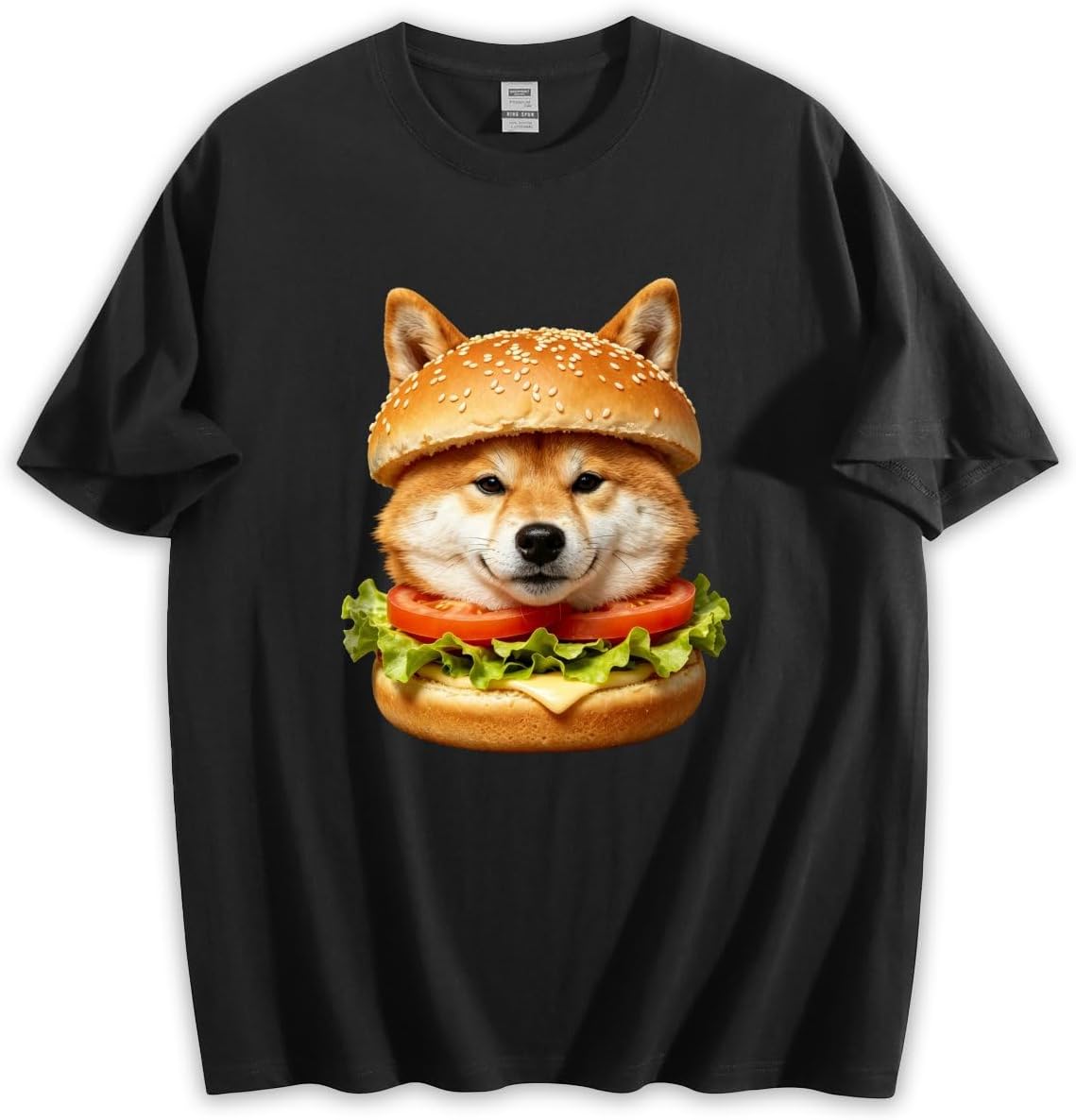 Unisex Loose Funny Shiba Inu Burger Realistic Graphic T-Shirt, Humorous Food Pet Casual Cotton Tee - Black