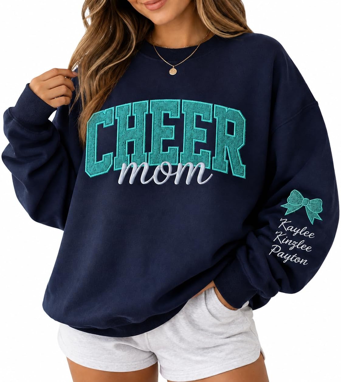 NAZENTI Personalized Custom Cheer Mom Sweatshirt, Glitter Embroidered Crewneck with Sleeve Name - Design 01