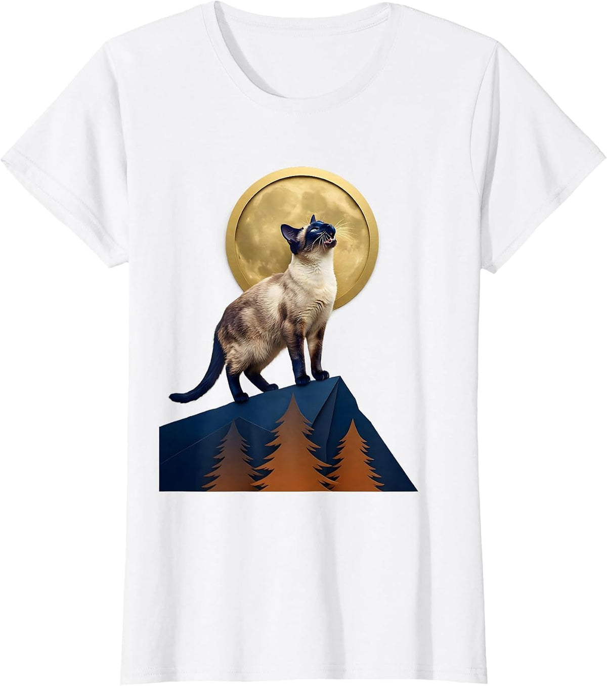 Siamese Cat Howling at Moon Retro Fantasy T-Shirt - White