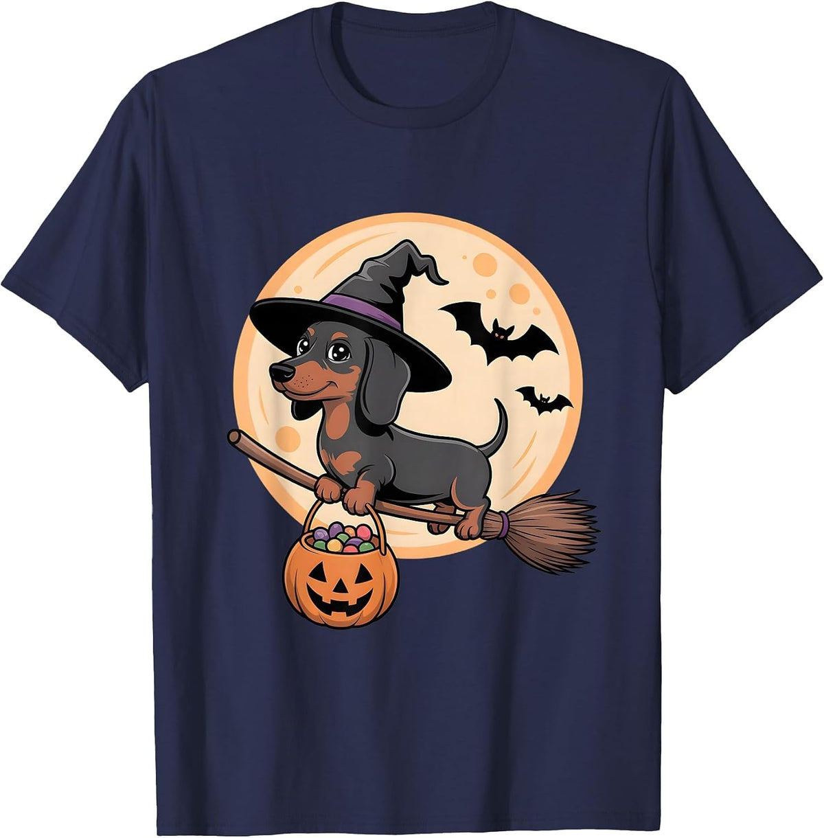 Dachshund Witch Hat Pumpkin Halloween Costume Men Women Kids T-Shirt - Navy Blue