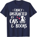 Easily Distracted by Cats and Books - Cat & Book Lover T-Shirt - Navy Blue