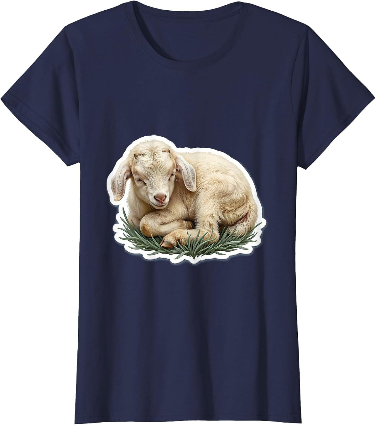 Women's Sleeping Baby Goat Curled Up in Grass T-Shirt - Navy Blue
