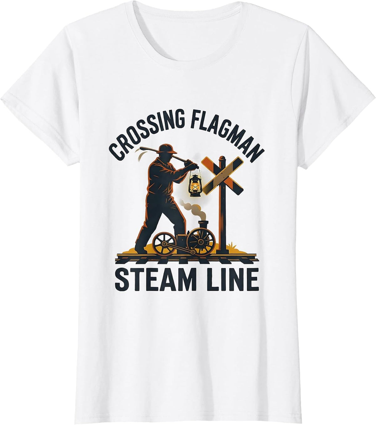 Crossing Flagman Steam Line Vintage Steam Locomotive Train T-Shirt - White