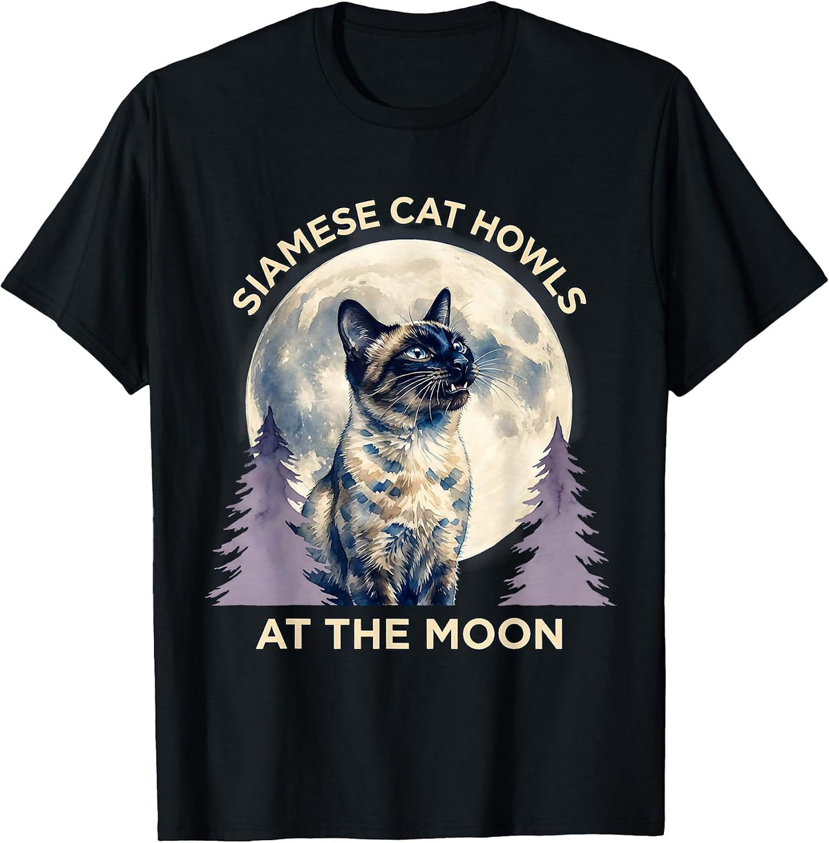 Men's Siamese Cat Howls at the Moon Funny Retro Novelty T-Shirt - Black
