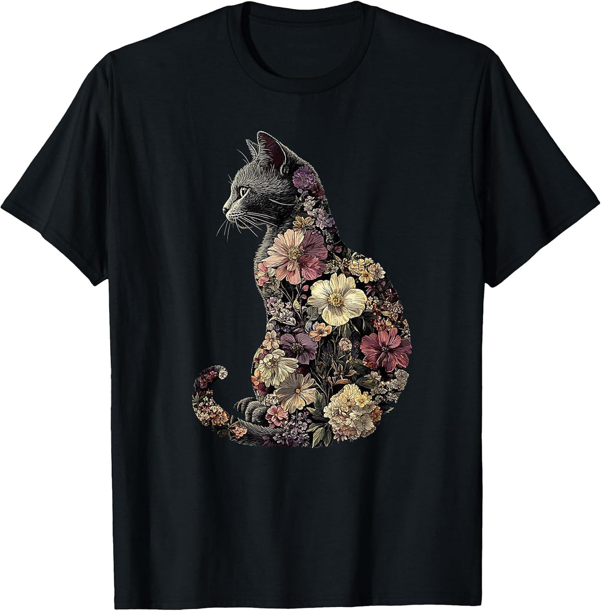 Floral Cat T-Shirt - Black
