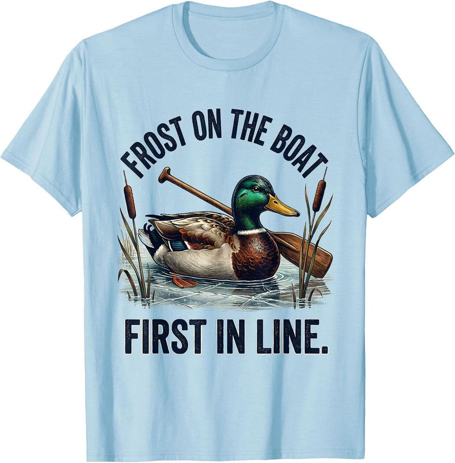 Men's Frost On The Boat, First In Line Vintage Duck Hunting Dad T-Shirt - Baby Blue