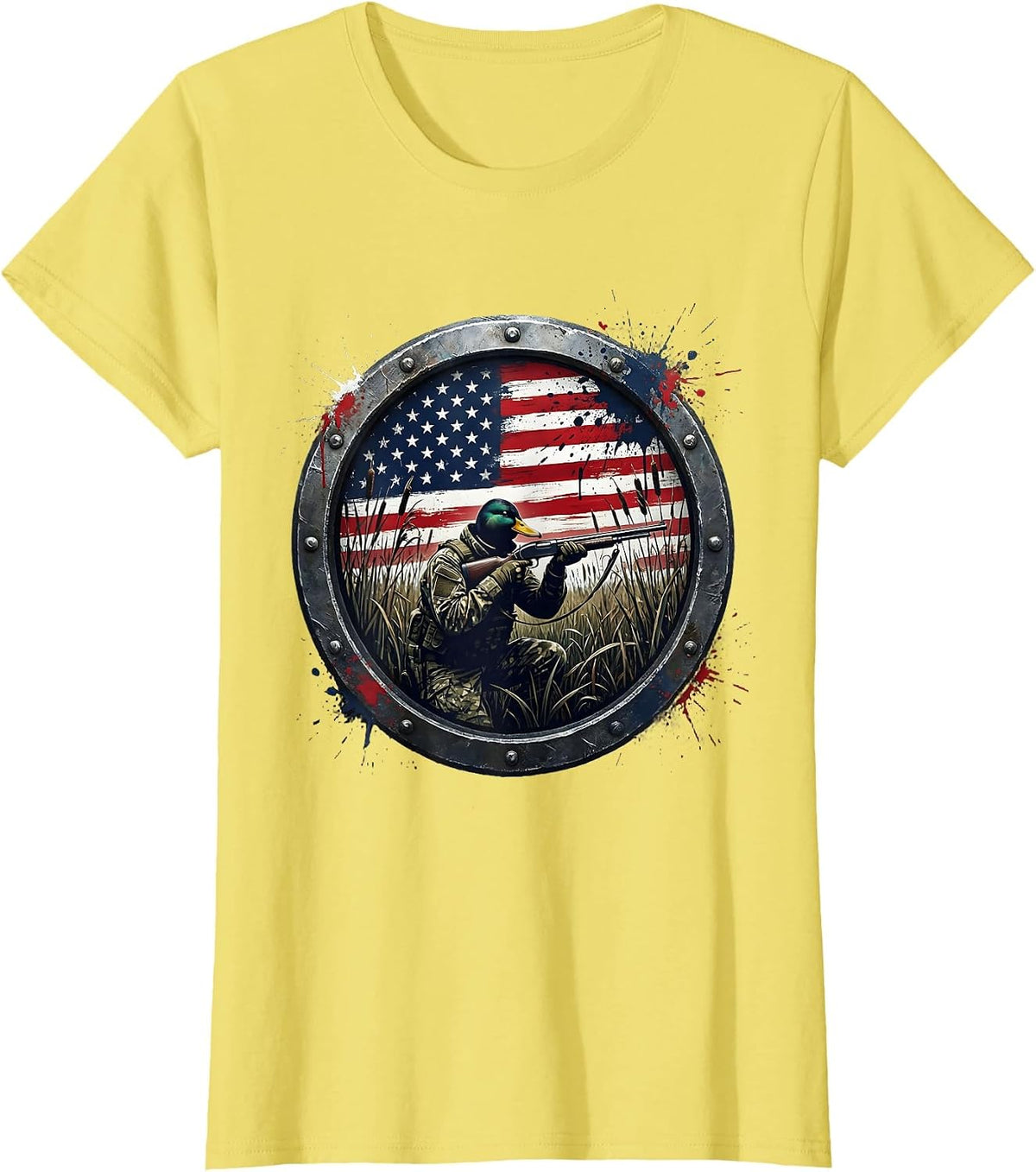Camo Duck Hunter Crouching in Marsh Reeds T-Shirt - Lemon Yellow