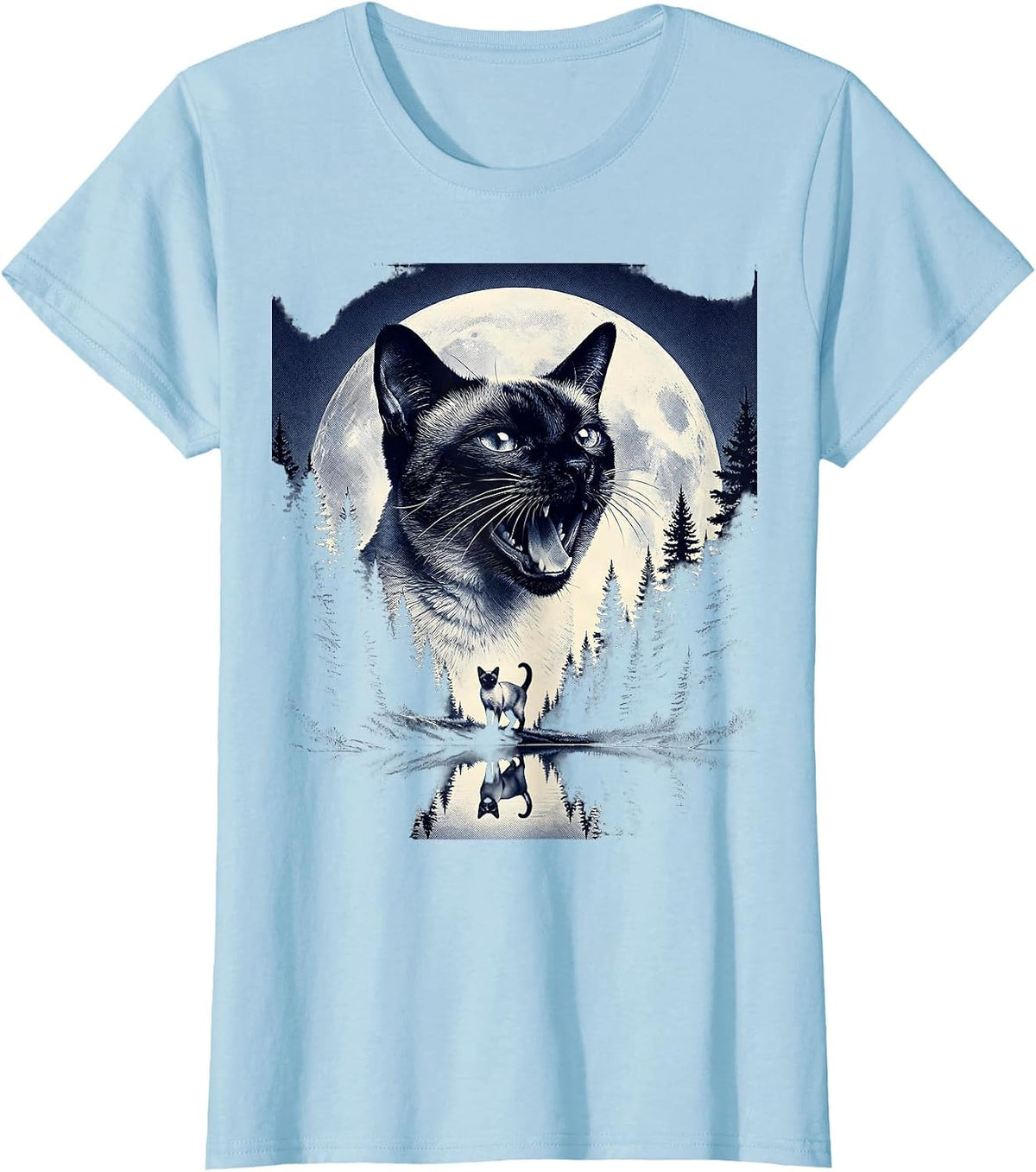 Women's Siamese Cat Howling at Moon 90's Retro Nature Art T-Shirt - Baby Blue