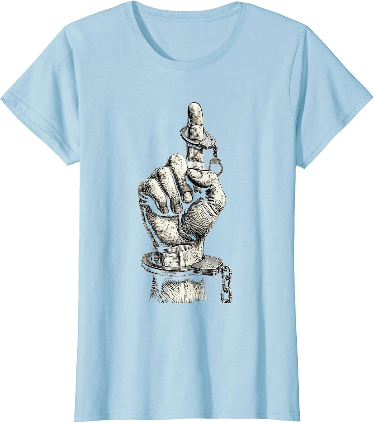 Women's Handcuffs Dangling Finger Law Enforcement Graphic T-Shirt - Baby Blue