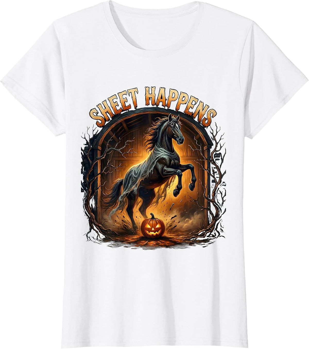Women's Sheet Happens Gothic Horror Halloween Horse Lover Equestrian T-Shirt - White
