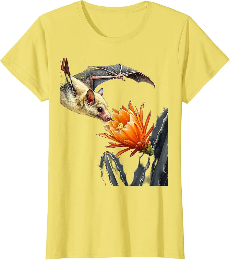 Women's Long-Nosed Nectar Bat Stencil Graphic Gothic Cottagecore T-Shirt - Lemon Yellow