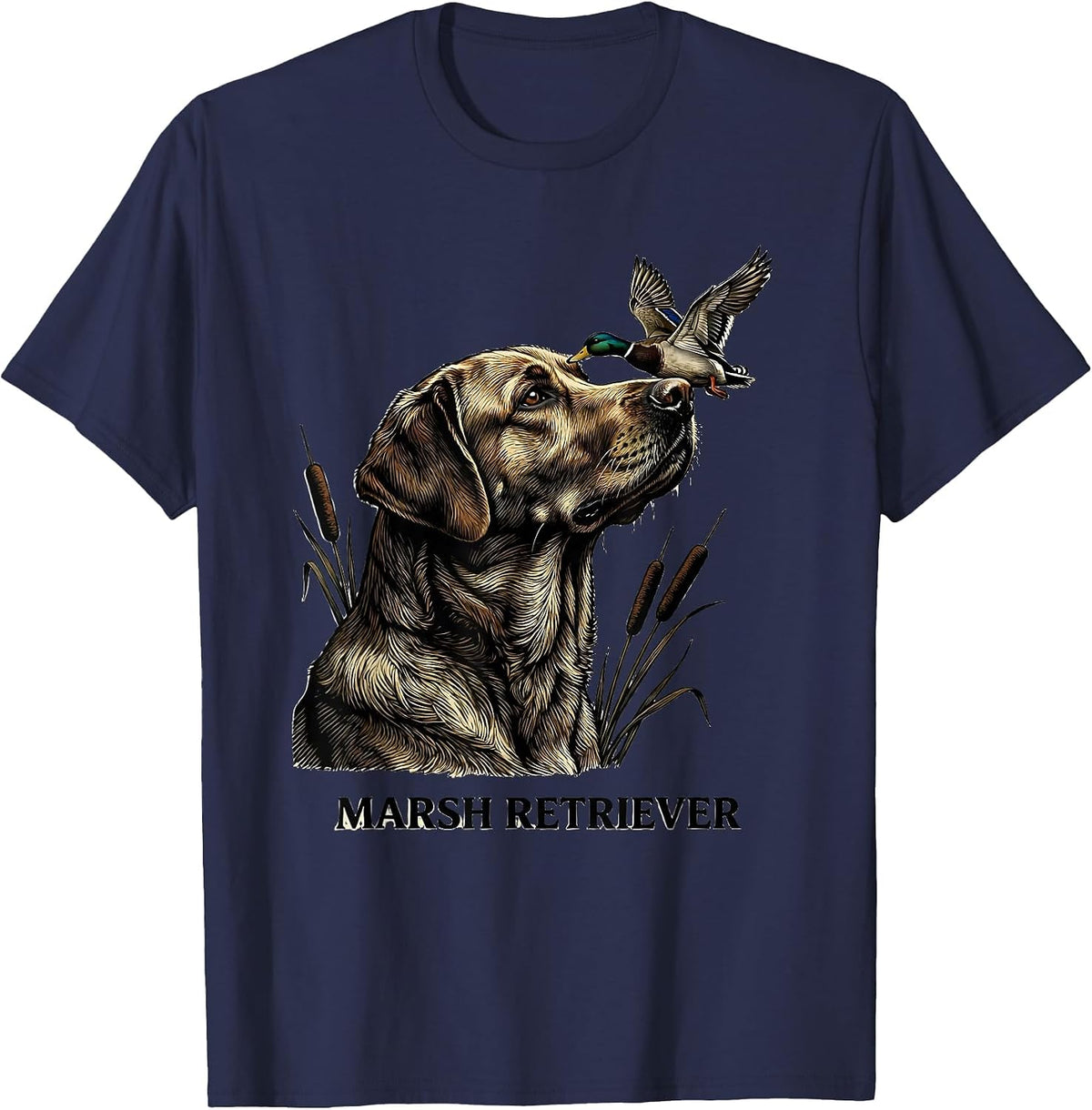 Men's Marsh Retriever Woodcut Engraving Labrador Duck Hunting T-Shirt - Navy Blue