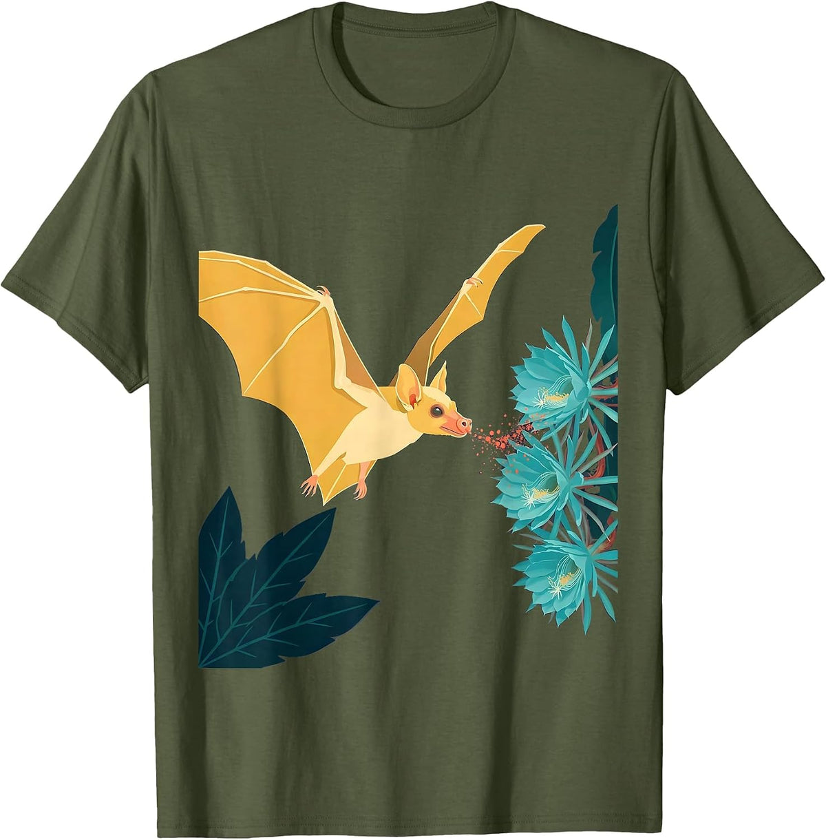 Men's Nectar Bat Flight Floral Gothic Halloween Nature Lover T-Shirt - Olive Green