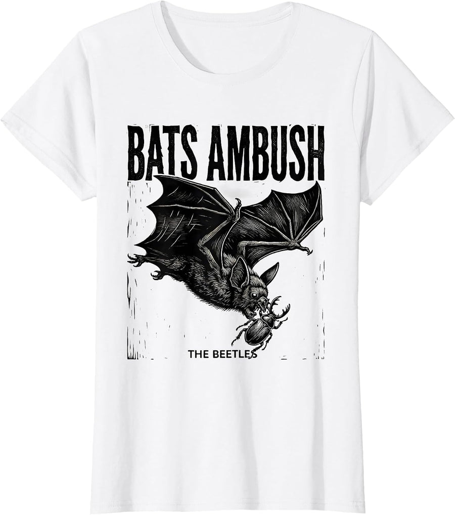 Women's Bats Ambush The Beetles Linocut Funny Bat Lover Halloween T-Shirt - White