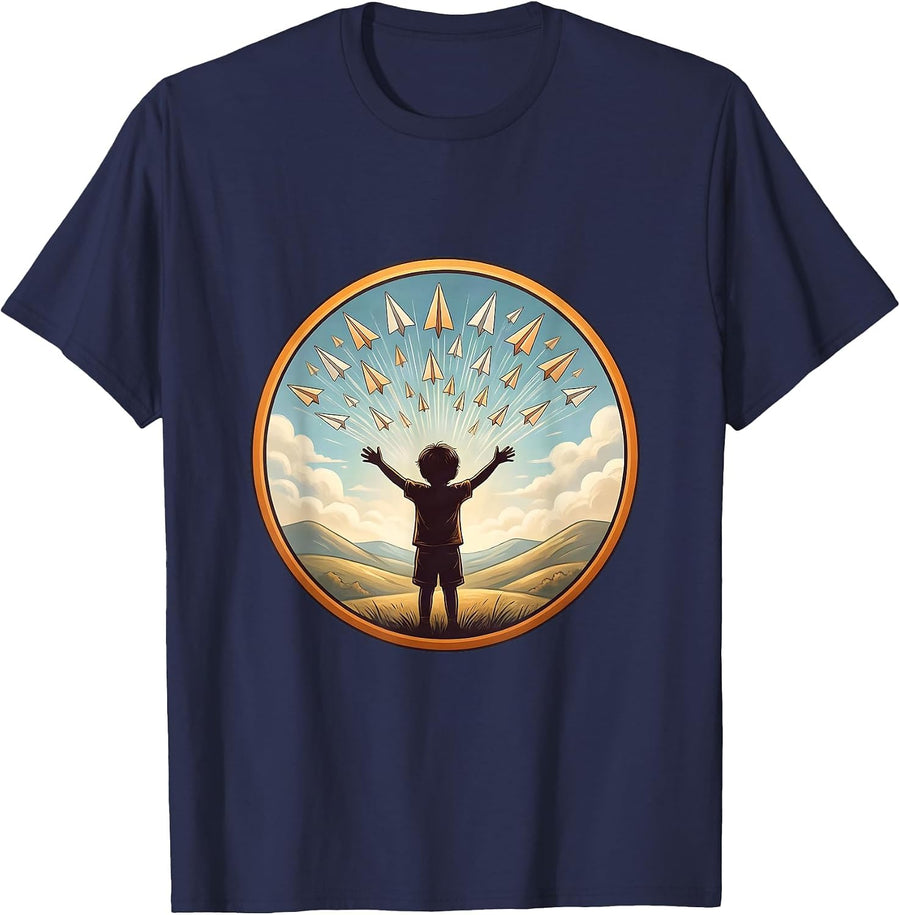 Special Education Child Paper Airplane Sky Design T-Shirt - Navy Blue