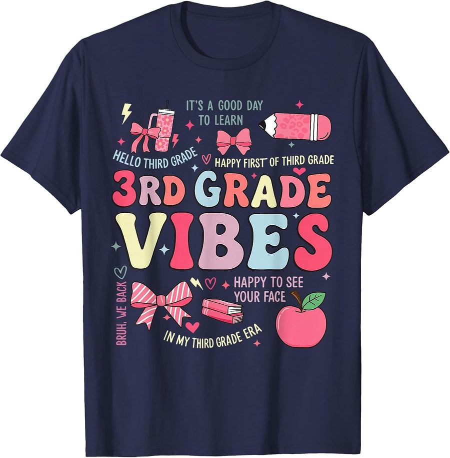Coquette Bow 3rd Grade Vibes First Day of School Teacher T-Shirt - Navy Blue