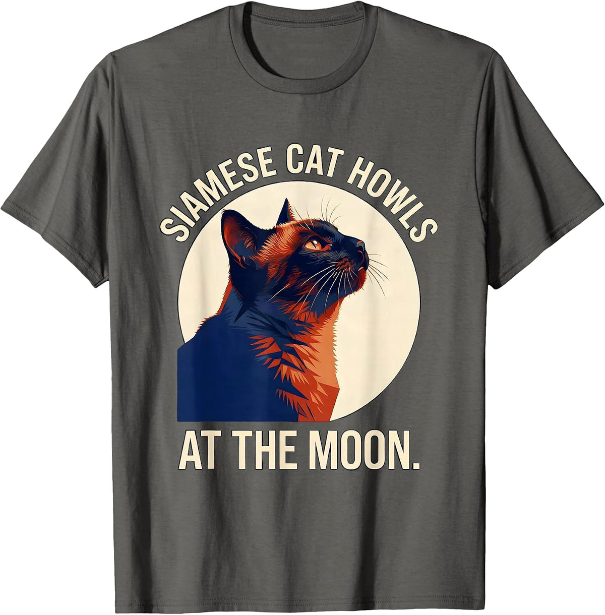 Siamese Cat Howls at the Moon 90's Retro Novelty T-Shirt - Asphalt Grey