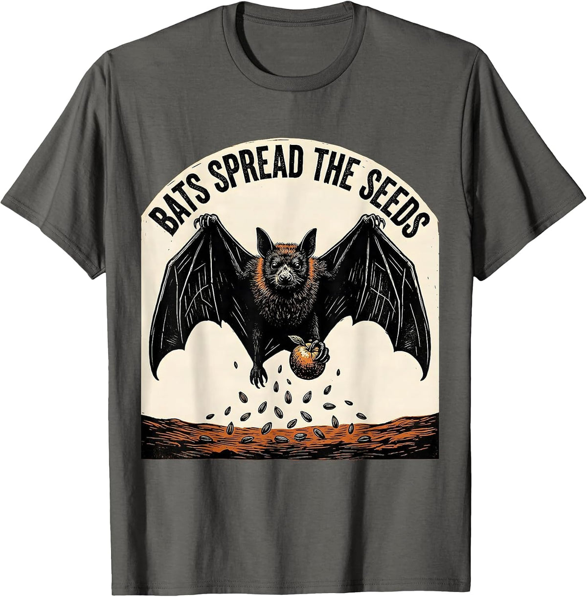 Bats Spread The Seeds Linocut Bat Lover Halloween Nature T-Shirt - Asphalt Grey