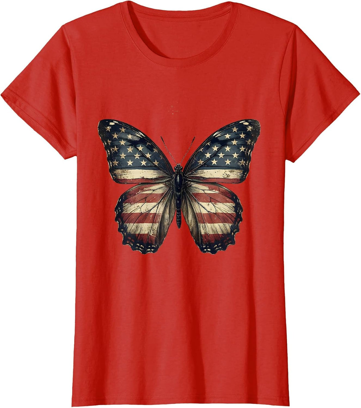 Patriotic Butterfly Wings American Flag Design T-Shirt - Red