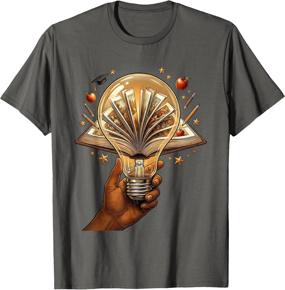 Teacher Lightbulb Moment Glowing Book Illustration T-Shirt - Asphalt Grey