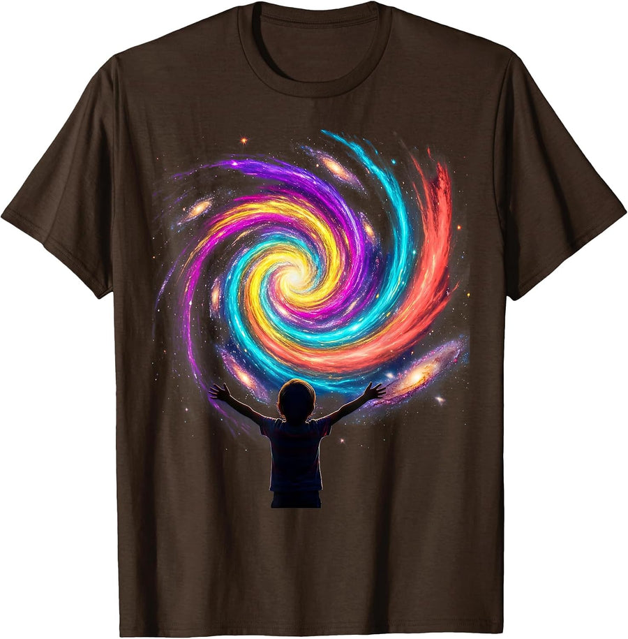 Child Gazing Into Swirling Galaxy Neurodiversity Art T-Shirt - Brown