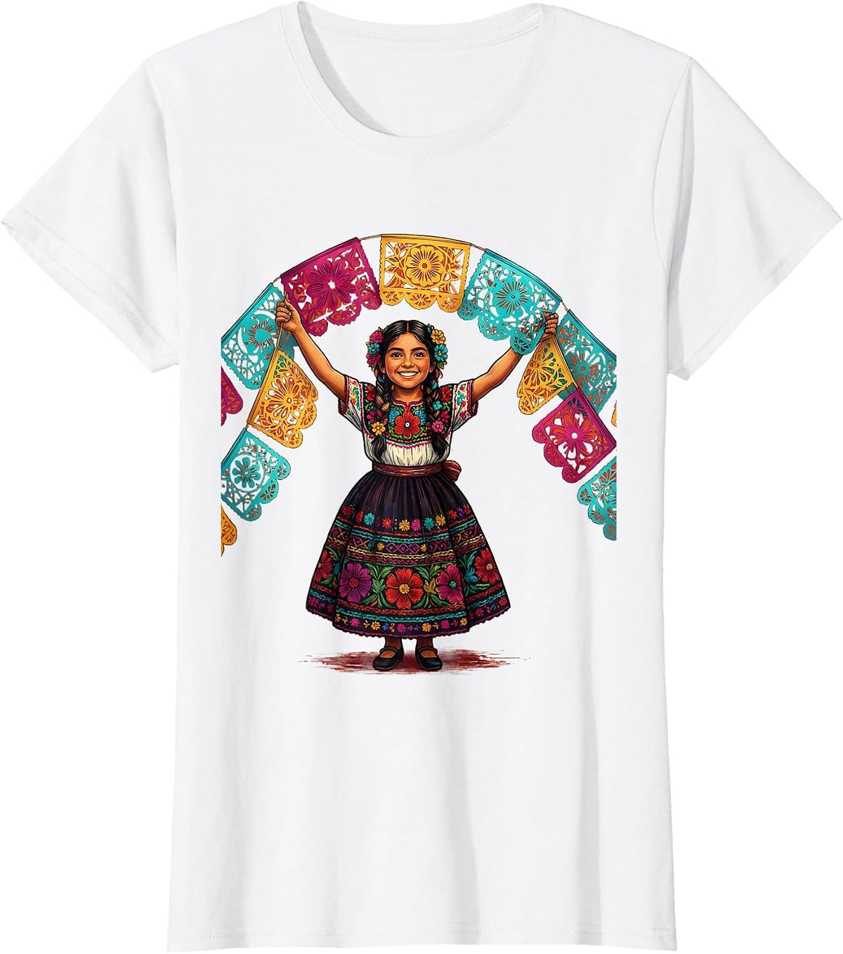 Women's Mexican Papel Picado Girl Fiesta Graphic T-Shirt - White