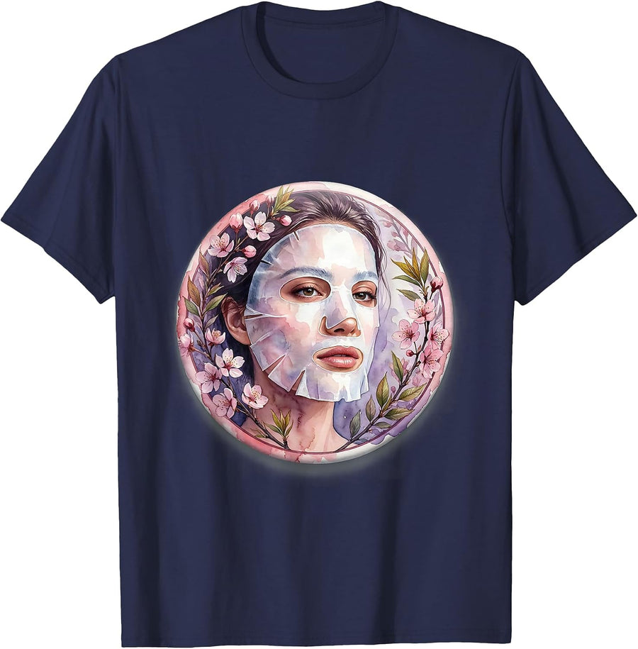K-Beauty Sheet Mask Skincare Illustration T-Shirt - Navy Blue