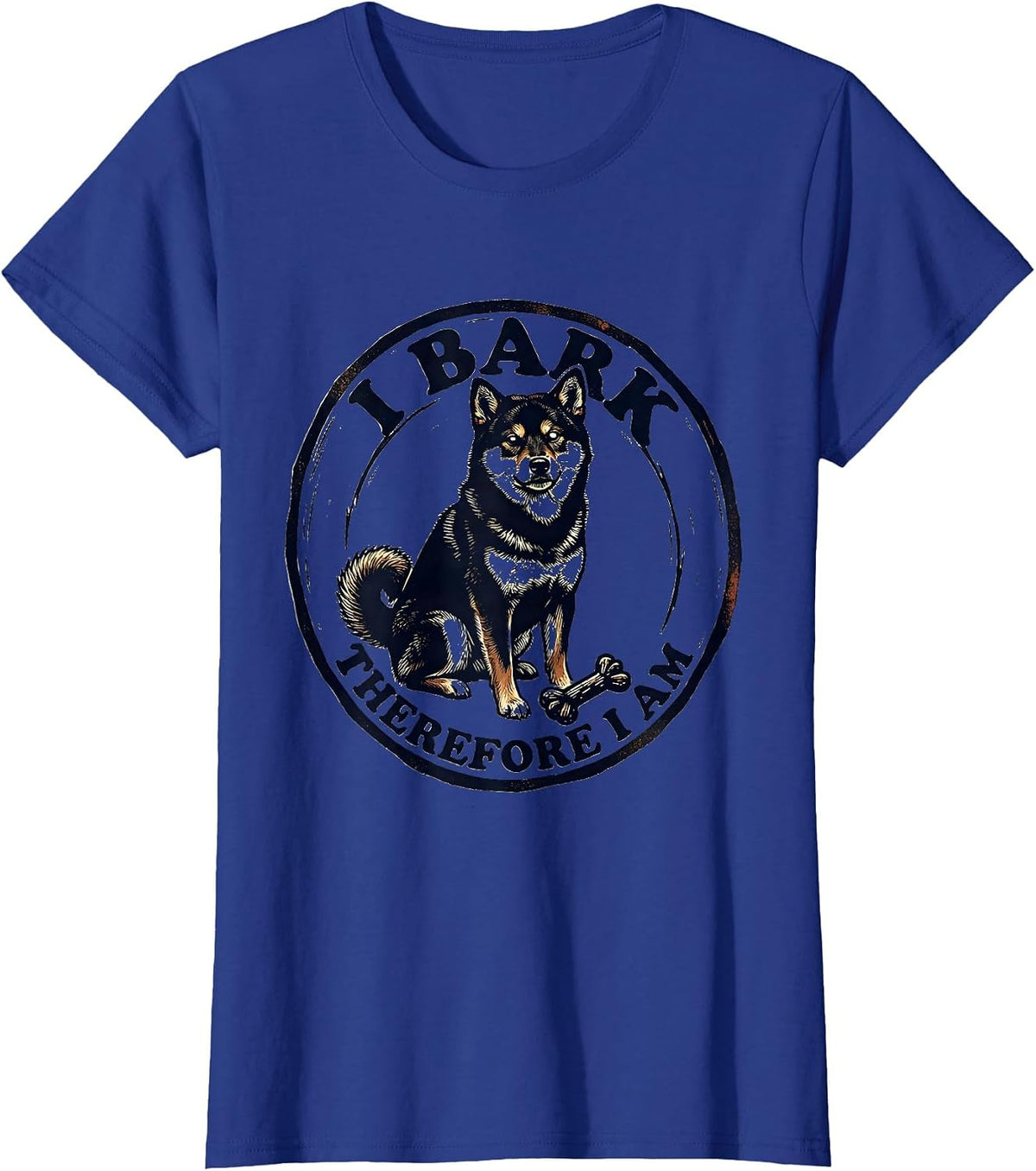 Women's I Bark Therefore I Am Funny Dog Owner Linocut Pet Lover T-Shirt - Royal Blue