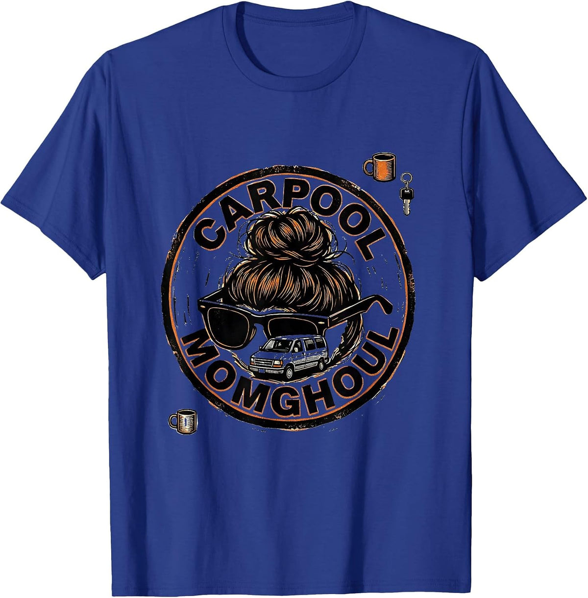 Men's Carpool Momghoul Linocut Funny Halloween Messy Bun Momster T-Shirt - Royal Blue