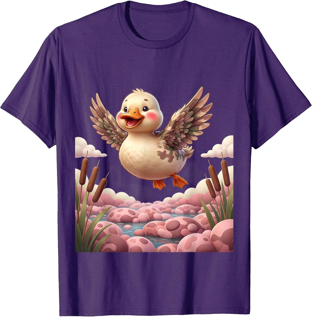 Men's Duck Flying Over Pink Camo Marshland T-Shirt - Purple