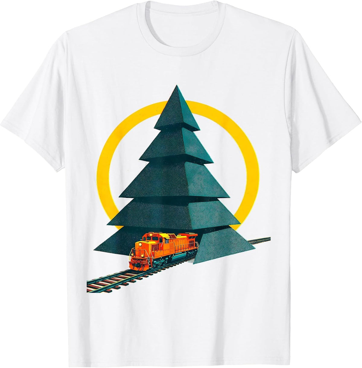 Men's Stepped Conifer Train Track Vintage Holiday Train Enthusiast T-Shirt - White