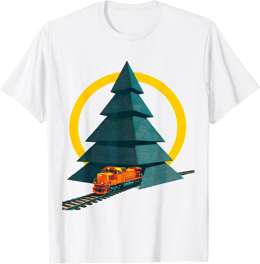 Men's Stepped Conifer Train Track Vintage Holiday Train Enthusiast T-Shirt - White