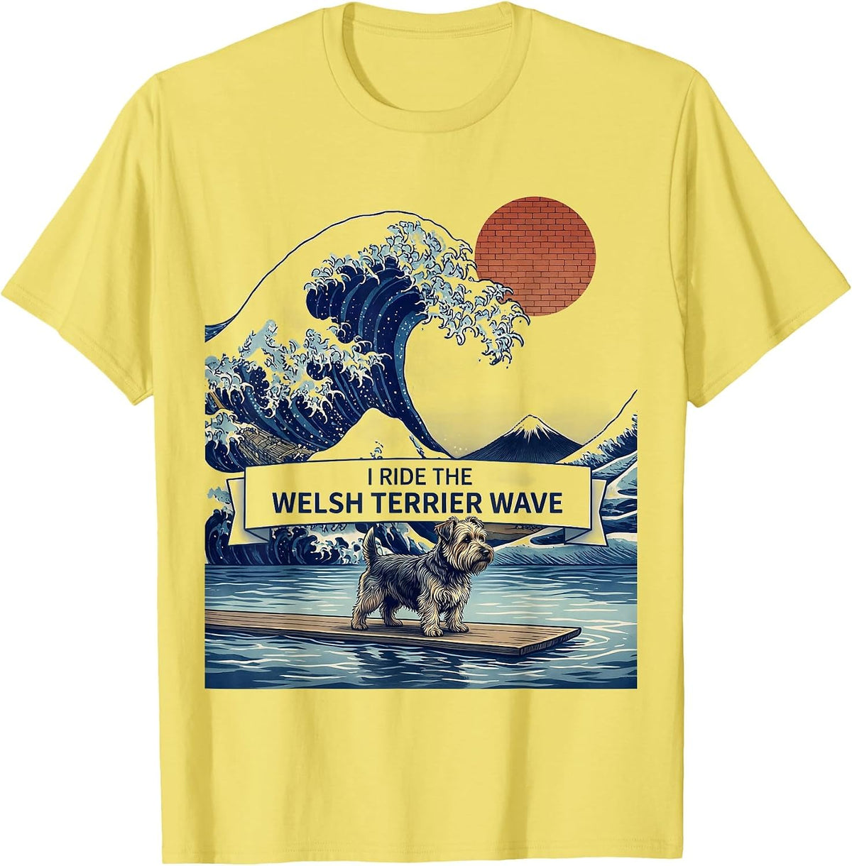 Men's I Ride The Welsh Terrier Wave Ukiyo-e Dog Breed Surfing T-Shirt - Lemon Yellow