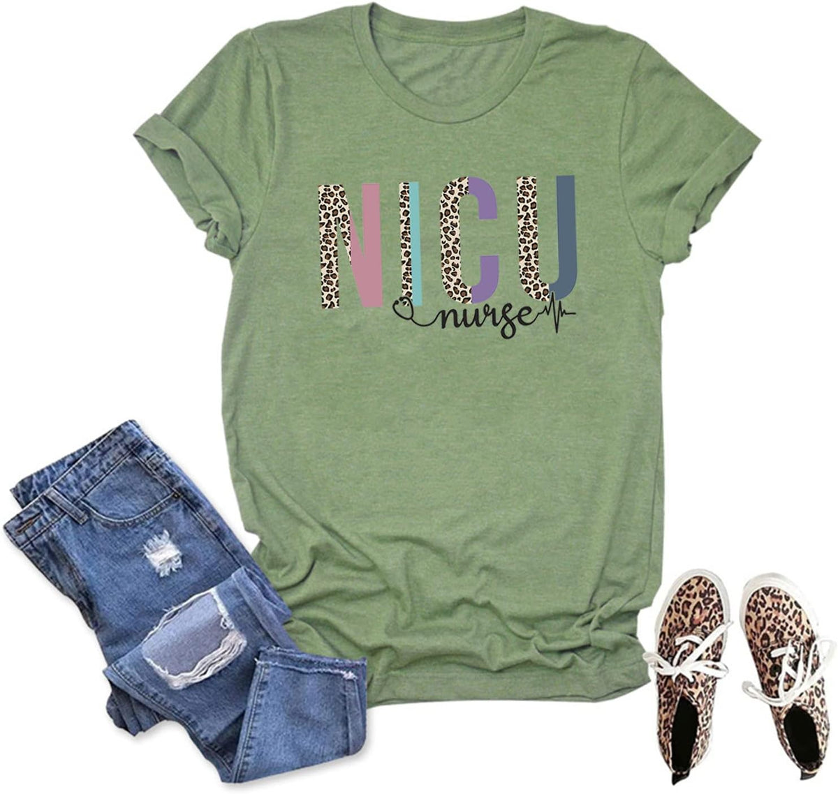 Nicu Nurse Shirt for Women Aesthetic Leopard Print Trendy Beach T-Shirt Casual Summer Short Sleeve Tee Tops Girl Gift - Green