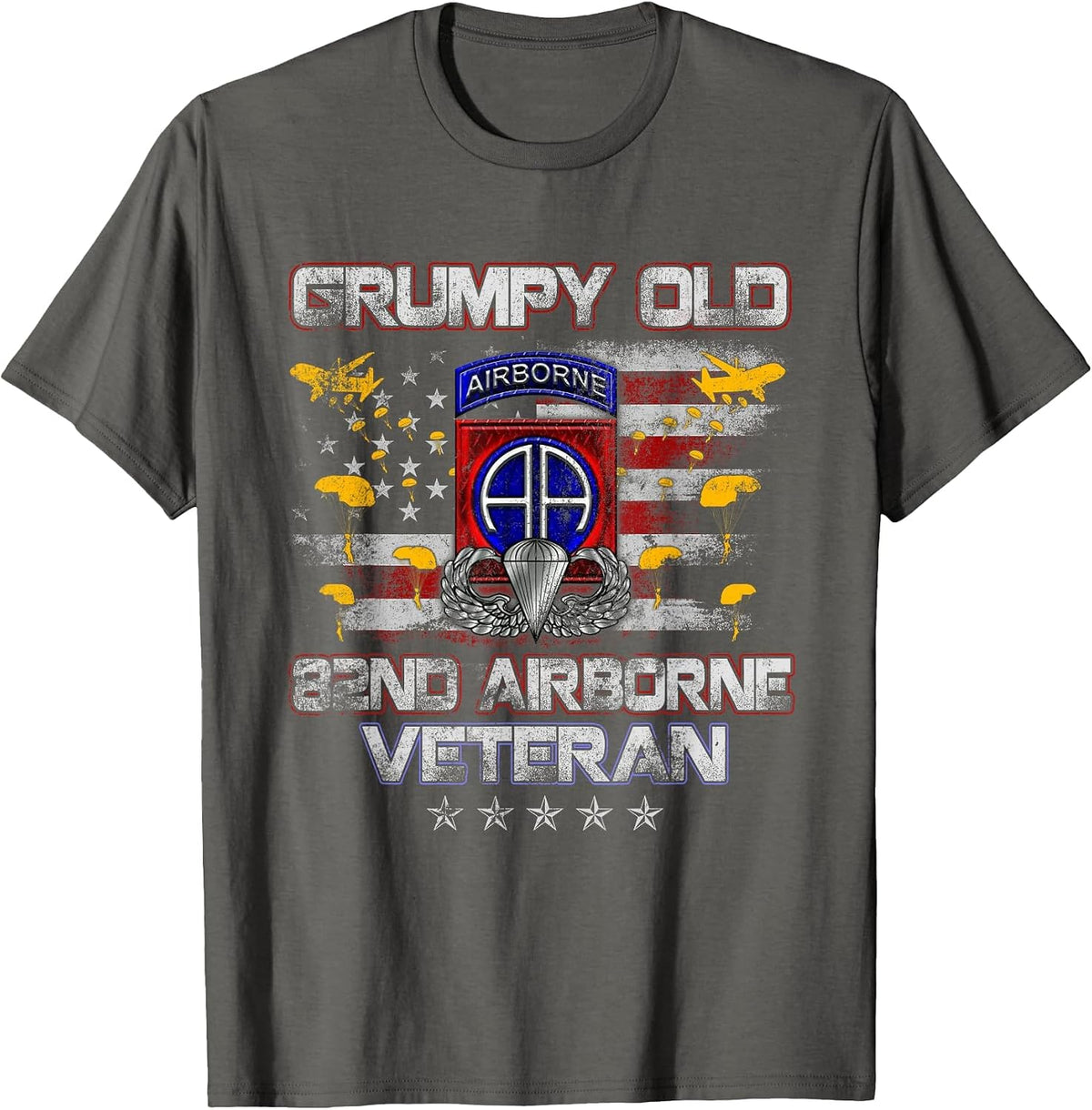 I'm A Grumpy Old 82nd Airborne Div Paratrooper Veteran Flag T-Shirt - Asphalt Grey