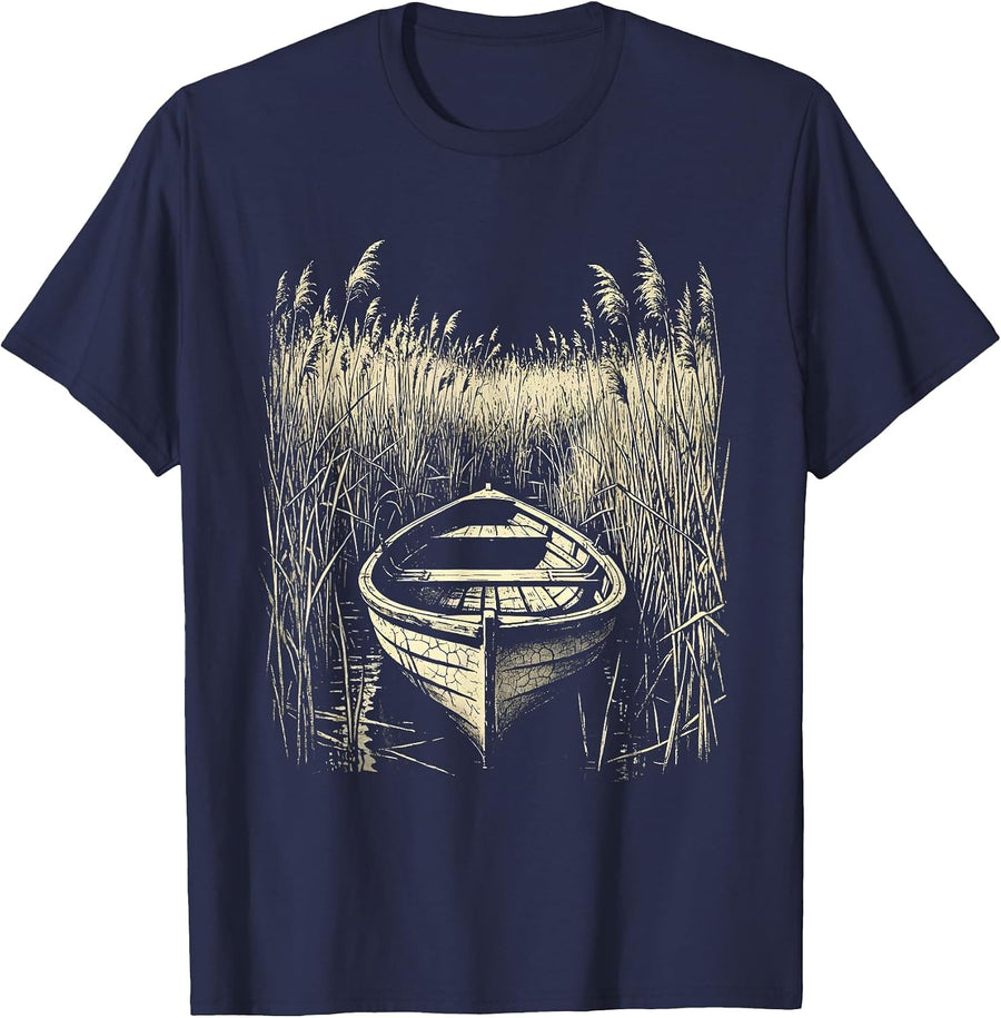 Duck Hunting Boat in Tall Reeds Illustration T-Shirt - Navy Blue