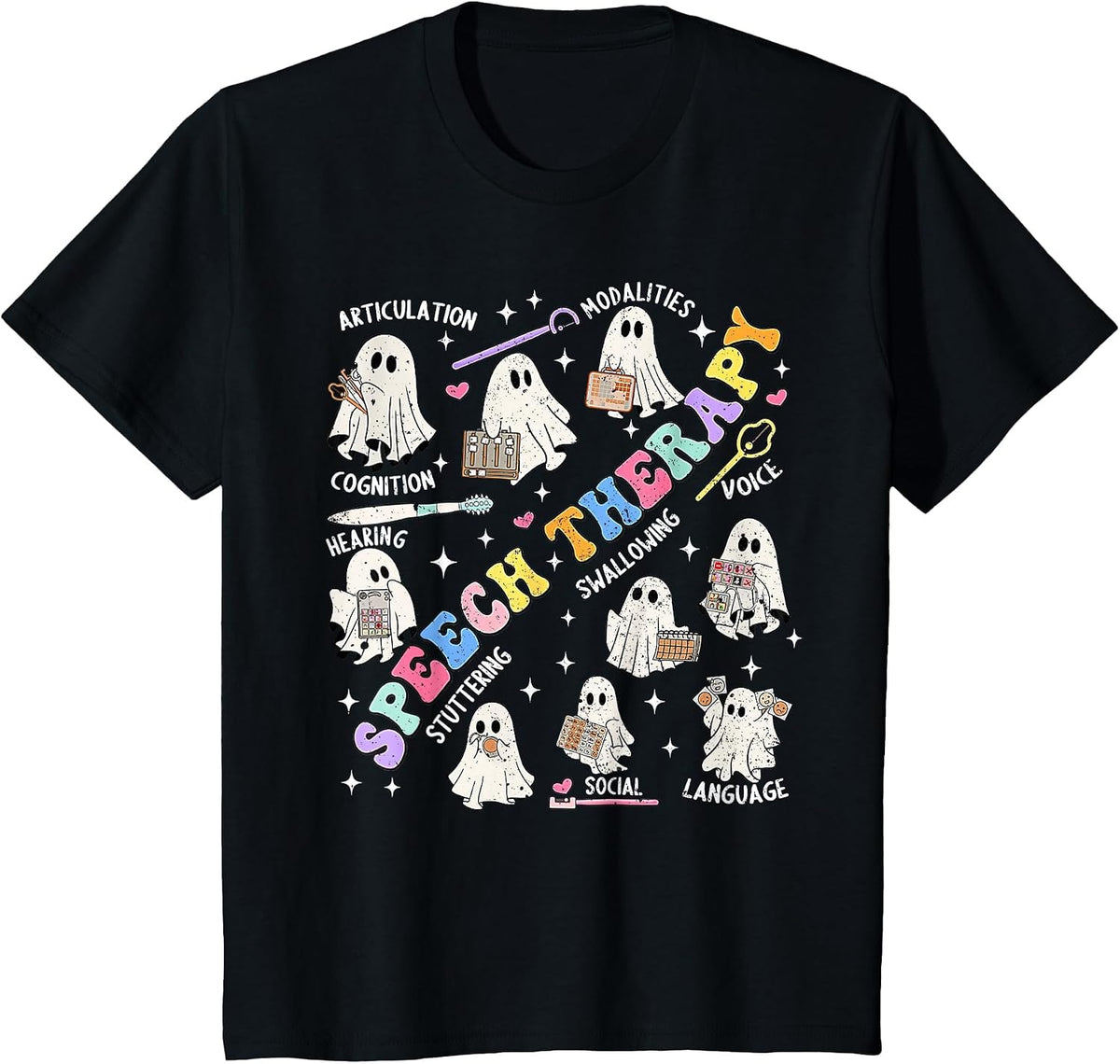 Speech Therapy Retro Groovy Funny Halloween Ghost Therapist T-Shirt - Black