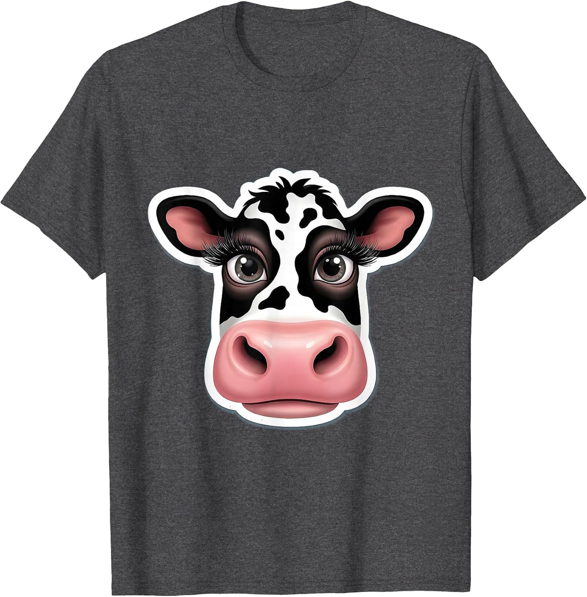 Cow Face Close-Up Long Lashes Cow Print Design T-Shirt - Dark Heather Grey