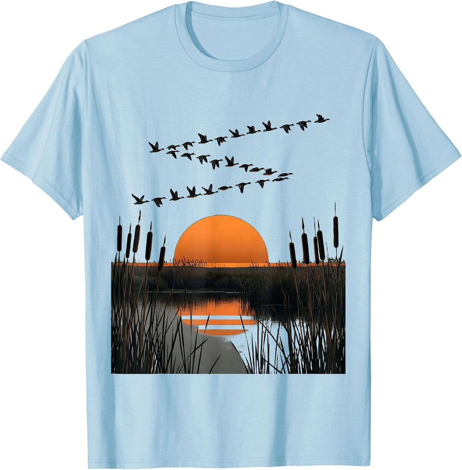 Men's Camo Waterfowl V-Formation Marsh Flying Duck T-Shirt - Baby Blue