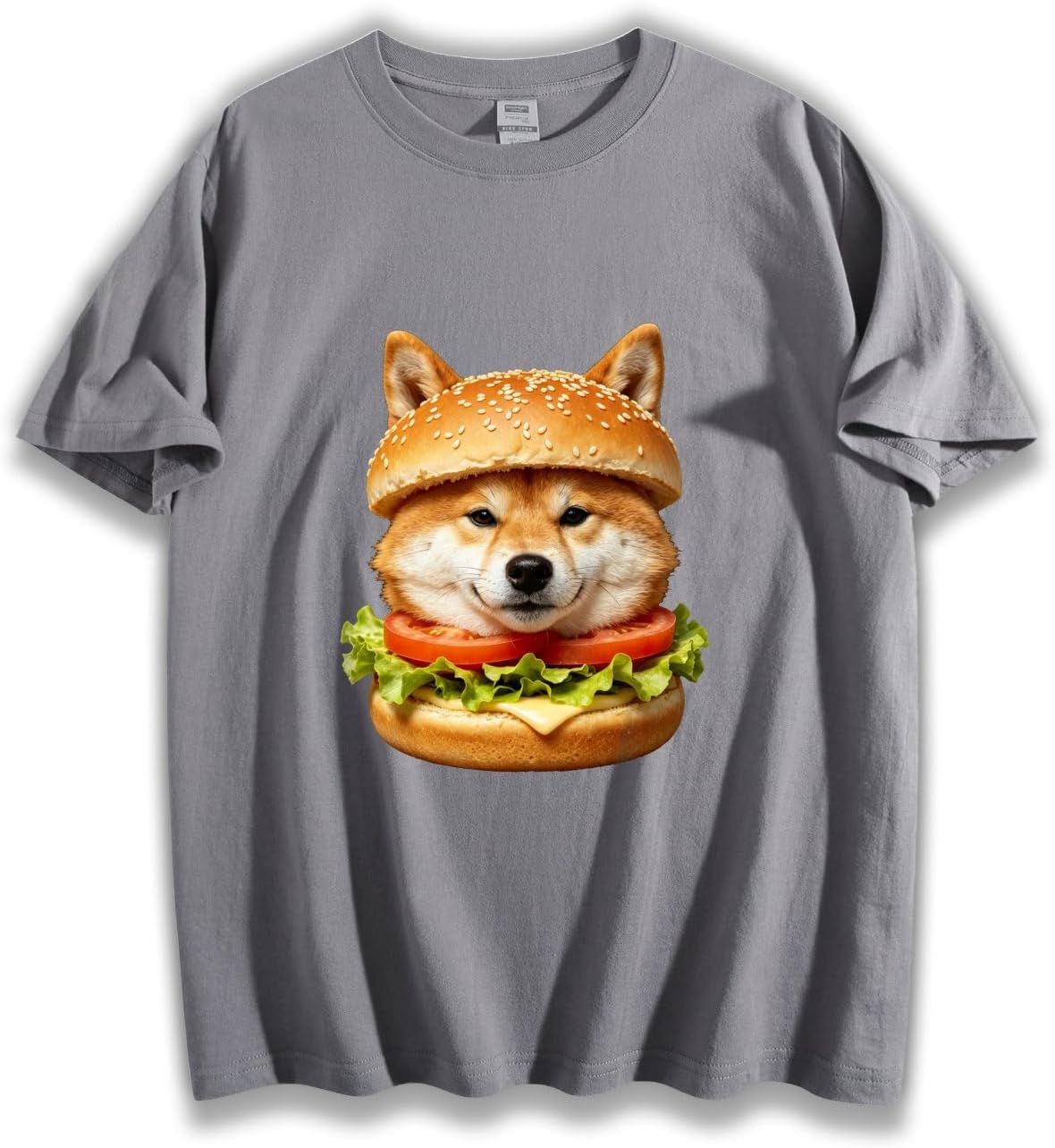 Unisex Loose Funny Shiba Inu Burger Realistic Graphic T-Shirt, Humorous Food Pet Casual Cotton Tee - Gray