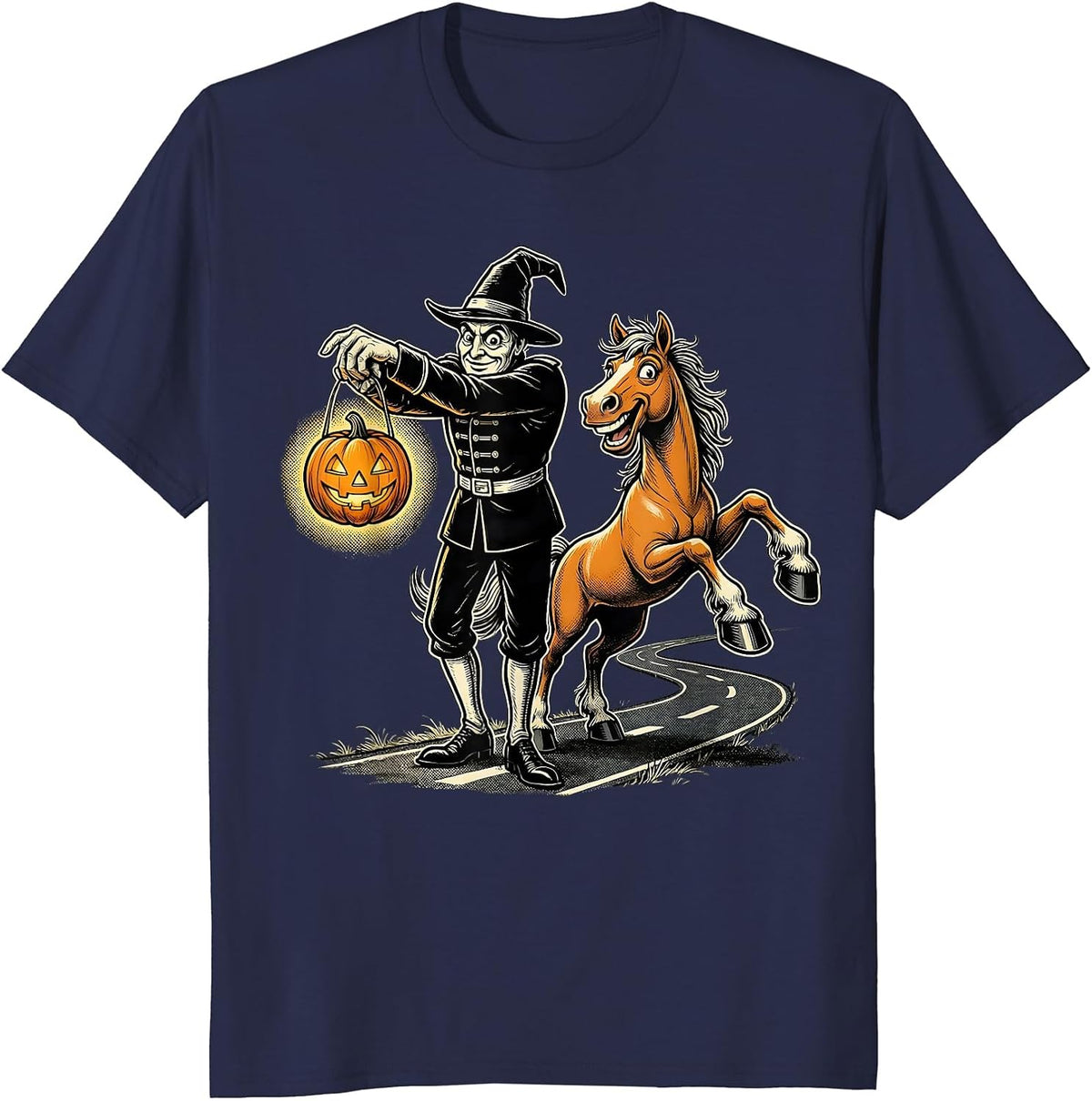 Headless Horseman Retro Cartoon Horse Lover Halloween T-Shirt - Navy Blue