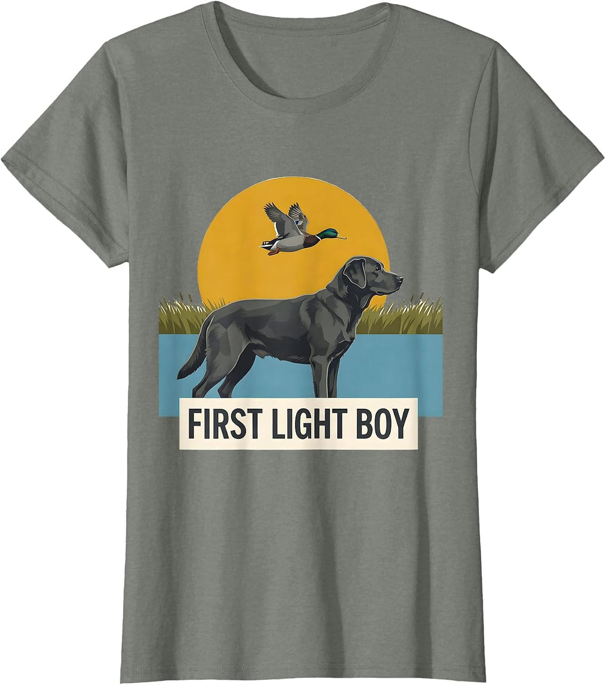 First Light Boy Midcentury Modern Labrador Duck Hunting T-Shirt - Olive Heather