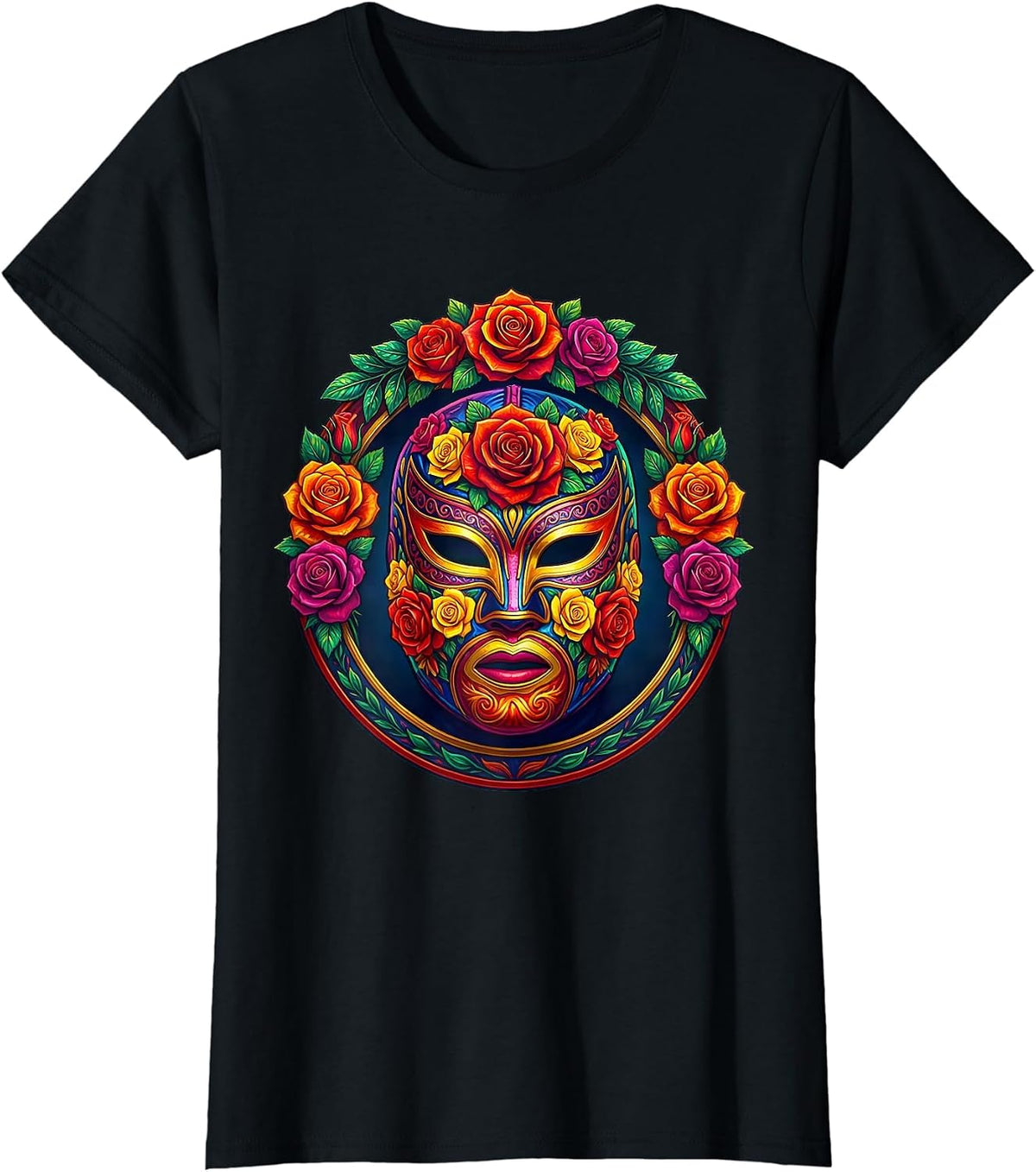 Women's Luchadora Mask with Roses Mexican Wrestling Art T-Shirt - Black