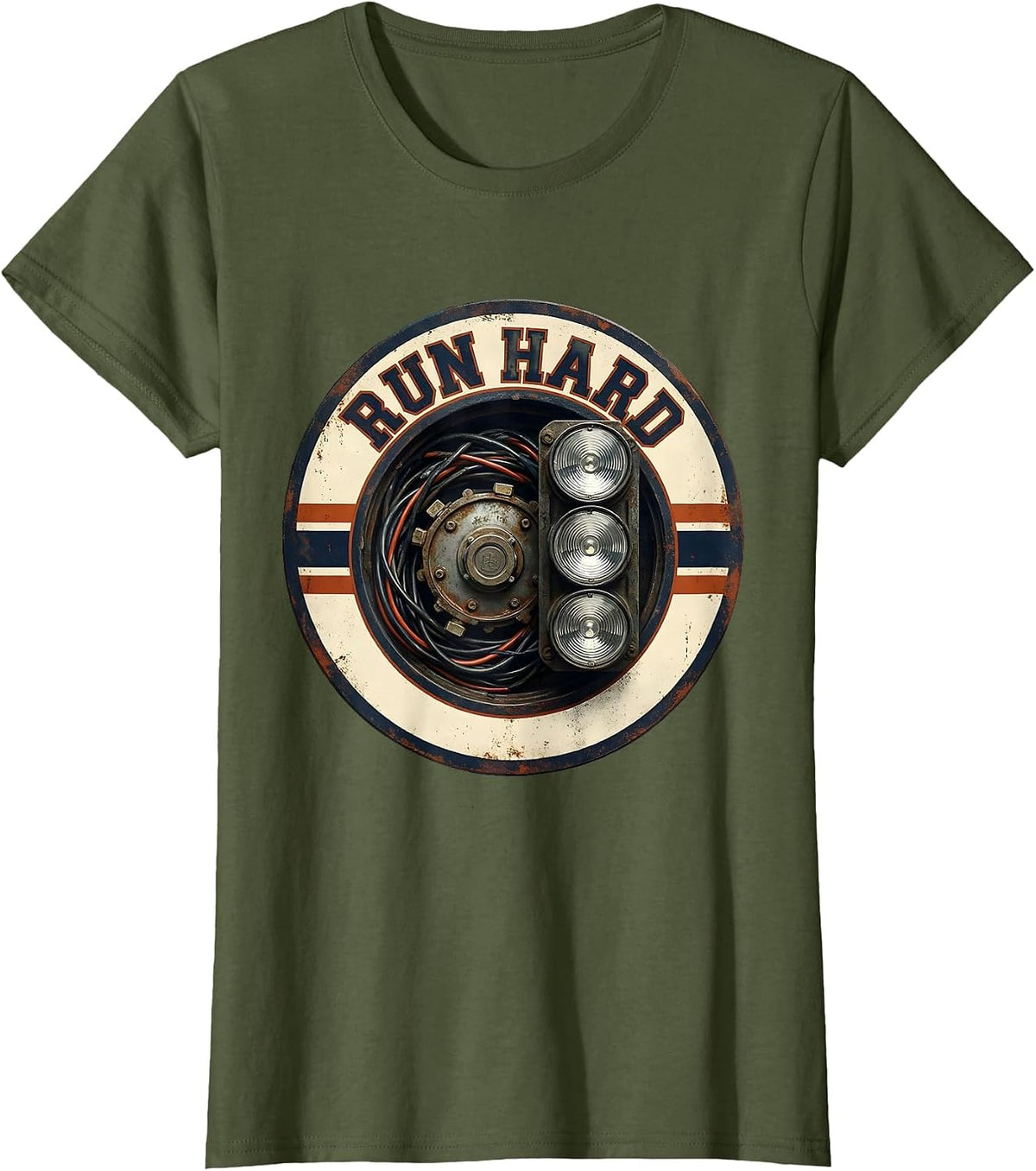 Women's Run Hard Vintage Muscle Car Drag Racing Enthusiast Humor T-Shirt - Olive Green