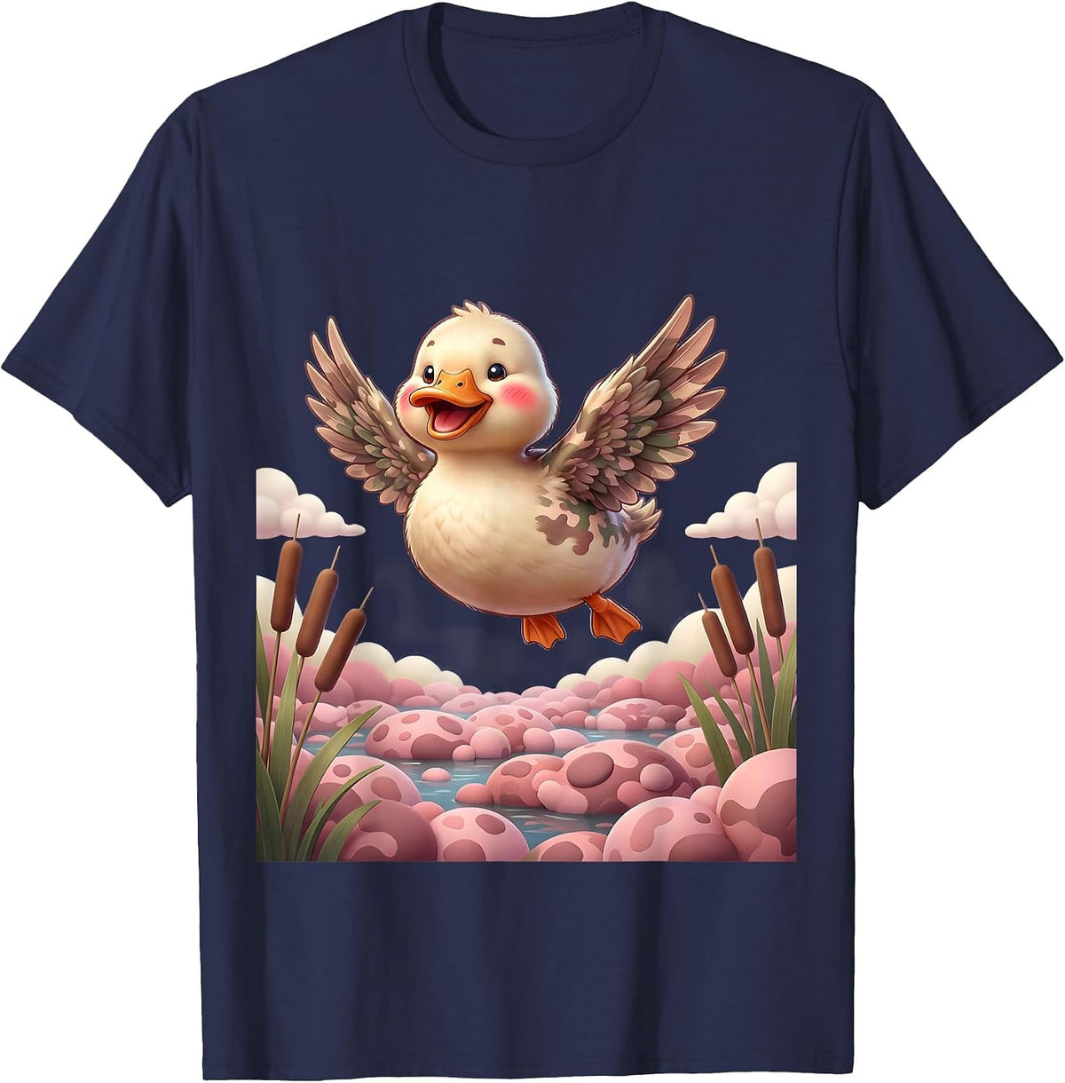 Men's Duck Flying Over Pink Camo Marshland T-Shirt - Navy Blue