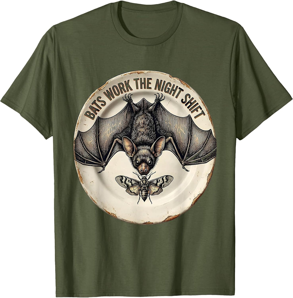 Men's Bats Work The Night Shift Vintage Bat Lover Halloween Humor T-Shirt - Olive Green