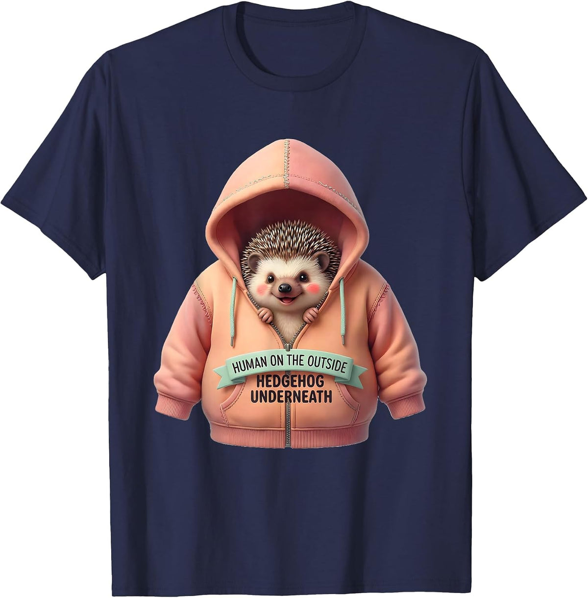 Men's Human On The Outside, Hedgehog Underneath Cute Kawaii T-Shirt - Navy Blue